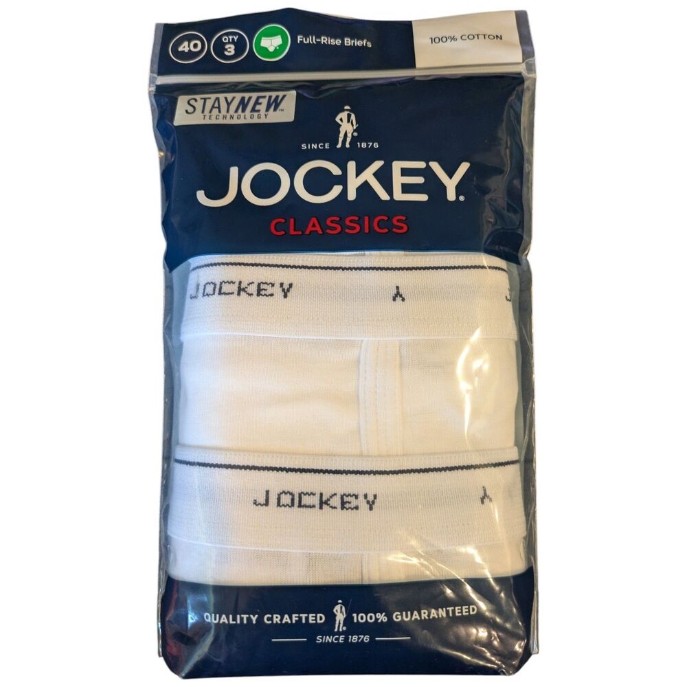 Men's Jockey Size 40 Classic Full Rise Briefs StayNew WHITE 100% Cotton 3 Pack
